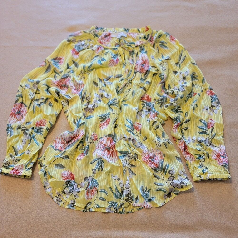 LOFT Floral Pleated Tie Split Neck Ruffle Trim Top Bright Yellow Blouse Size XXL
